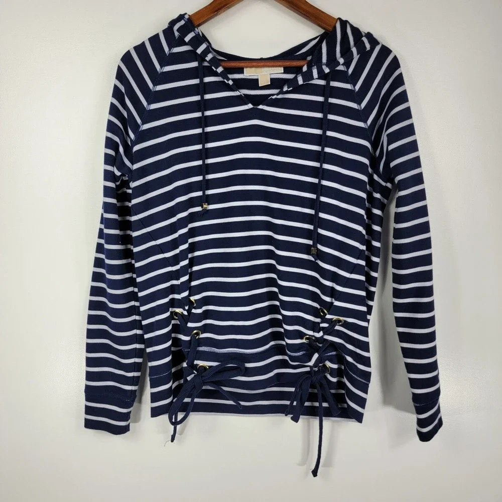 Michael Kors Women's Sz Sm Pullover Hoodie Navy and White Striped Lace Up Detail